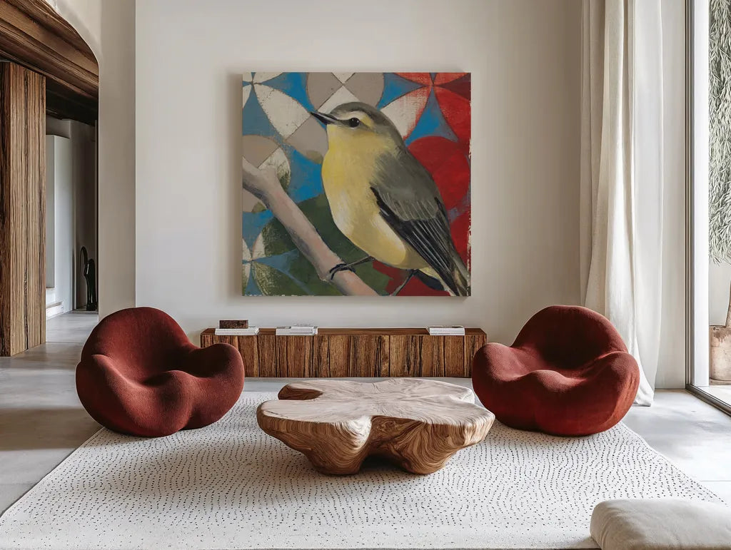 Philadelphia Vireo by Kathrine Lovell. Shown as extra-large giant wall art in a modern living room. Available as an archival giclee rolled canvas, fine art paper, or poster print. SKU 43540a.