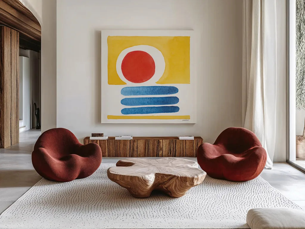 Primary Sunrise II by Kathrine Lovell. Shown as extra-large giant wall art in a modern living room. Available as an archival giclee rolled canvas, fine art paper, or poster print. SKU 84781a.