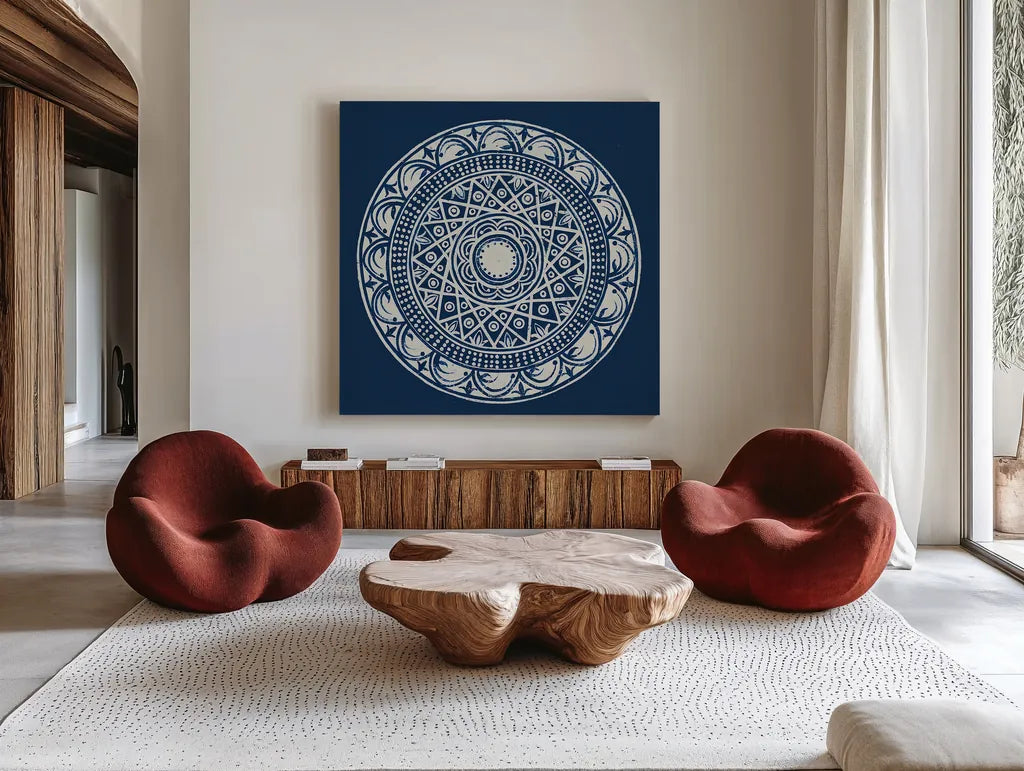 Seville III Dark Blue FB by Kathrine Lovell. Shown as extra-large giant wall art in a modern living room. Available as an archival giclee rolled canvas, fine art paper, or poster print. SKU 31912a.