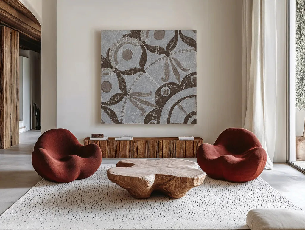 Silver Lakai Circle V Square I by Kathrine Lovell. Shown as extra-large giant wall art in a modern living room. Available as an archival giclee rolled canvas, fine art paper, or poster print. SKU 28015a.