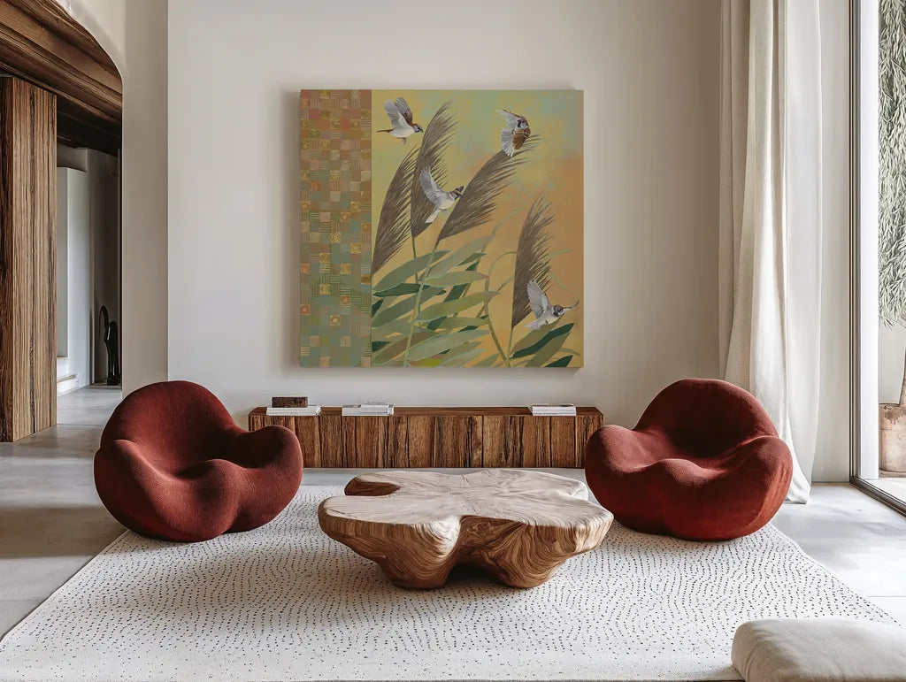 Sparrows and Phragmates August Evening by Kathrine Lovell. Shown as extra-large giant wall art in a modern living room. Available as an archival giclee rolled canvas, fine art paper, or poster print. SKU 24542a.