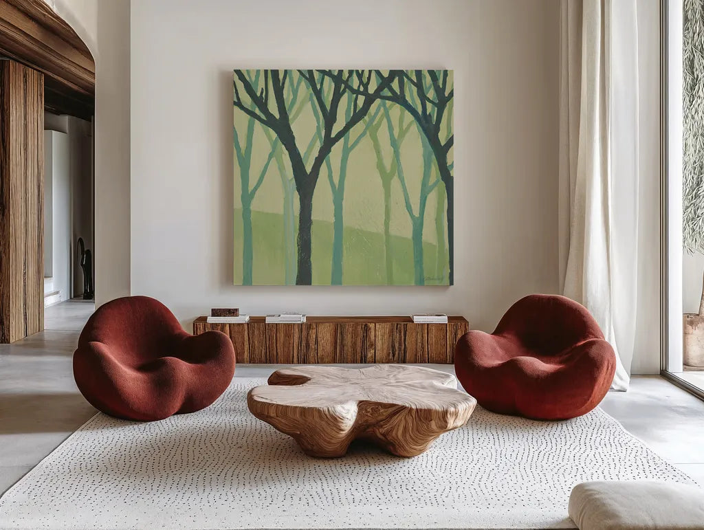 Spring Trees Green I by Kathrine Lovell. Shown as extra-large giant wall art in a modern living room. Available as an archival giclee rolled canvas, fine art paper, or poster print. SKU 43459a.