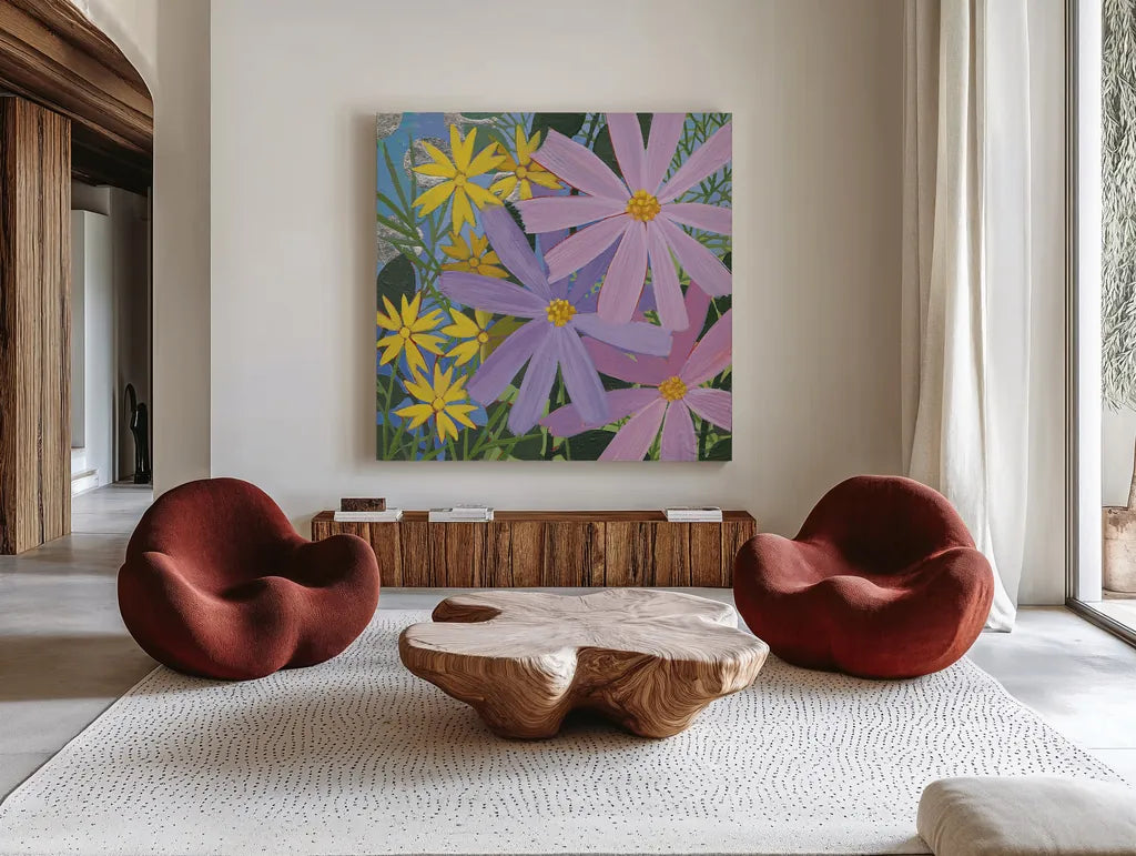 Summer Garden III by Kathrine Lovell. Shown as extra-large giant wall art in a modern living room. Available as an archival giclee rolled canvas, fine art paper, or poster print. SKU 24403a.