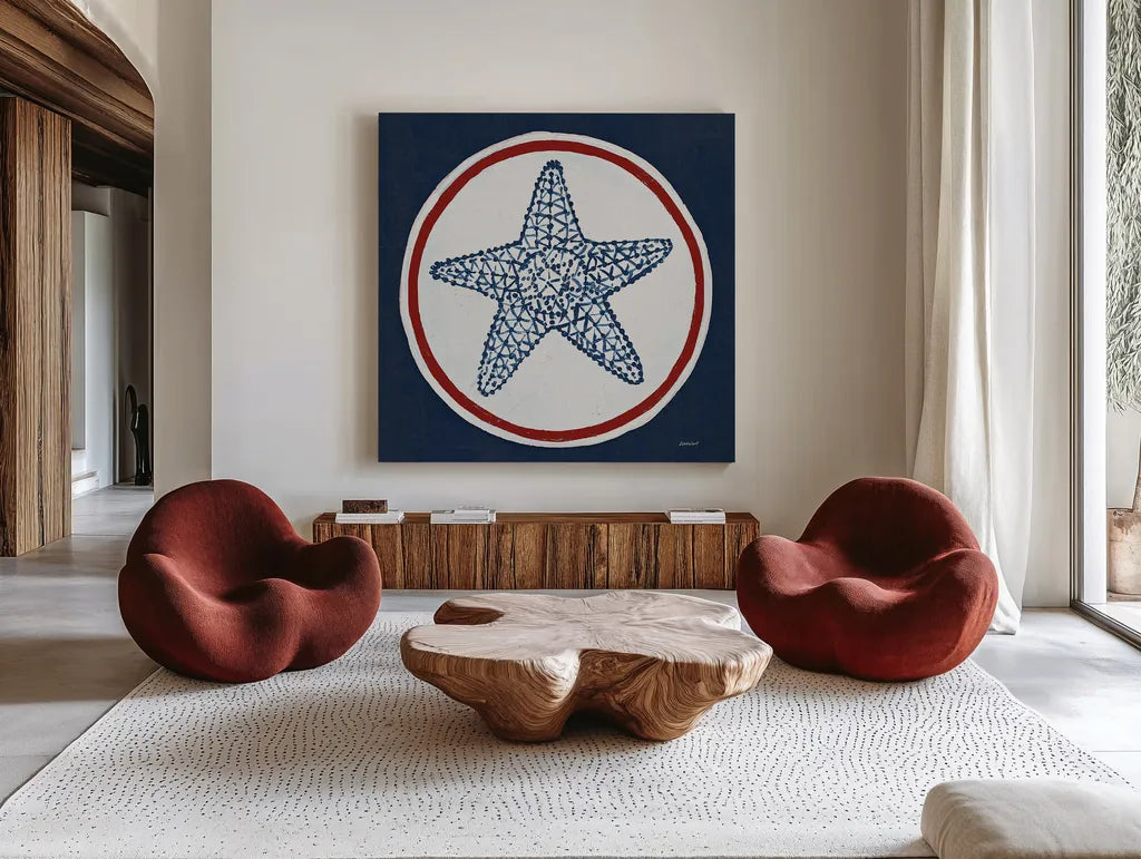 Summer Shells IV Nautical by Kathrine Lovell. Shown as extra-large giant wall art in a modern living room. Available as an archival giclee rolled canvas, fine art paper, or poster print. SKU 24698a.
