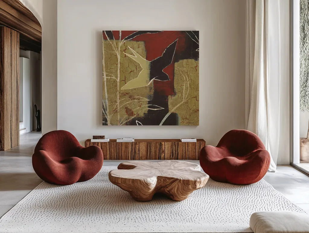 Sun Stems Tile I by Kathrine Lovell. Shown as extra-large giant wall art in a modern living room. Available as an archival giclee rolled canvas, fine art paper, or poster print. SKU 43525a.