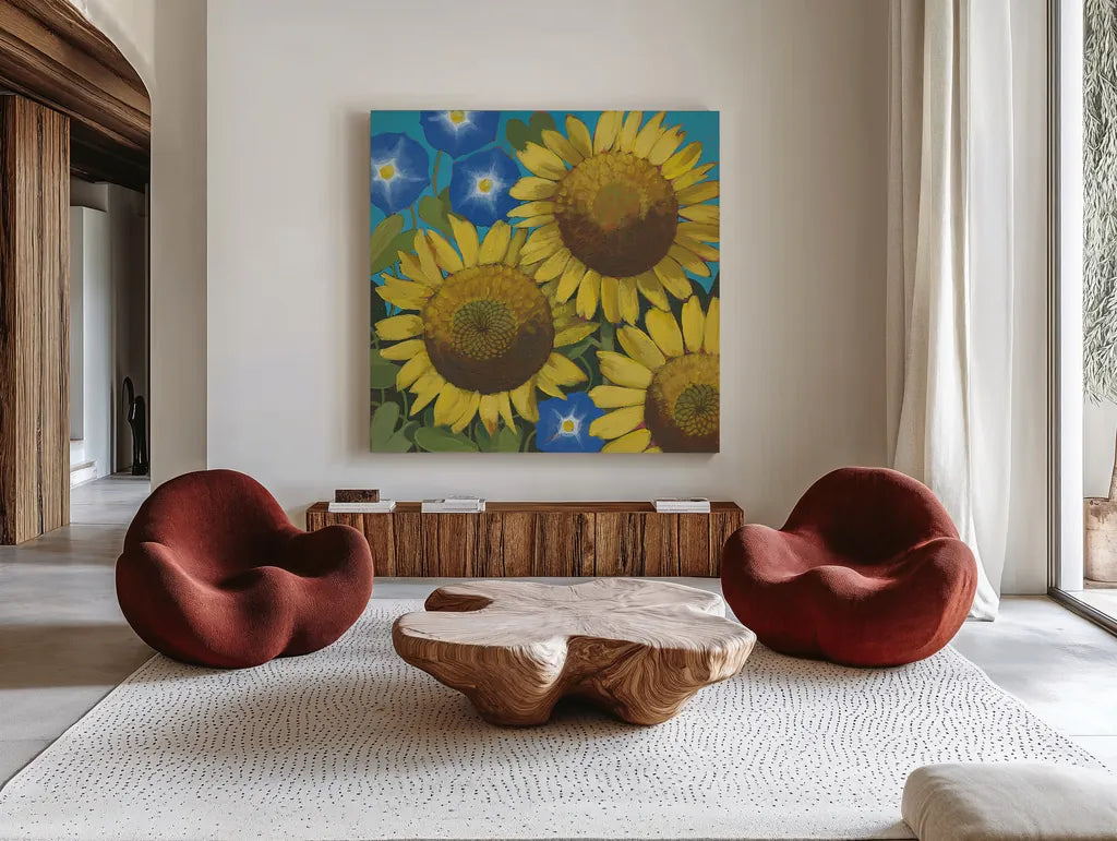 Sunflower Time by Kathrine Lovell. Shown as extra-large giant wall art in a modern living room. Available as an archival giclee rolled canvas, fine art paper, or poster print. SKU 24412a.