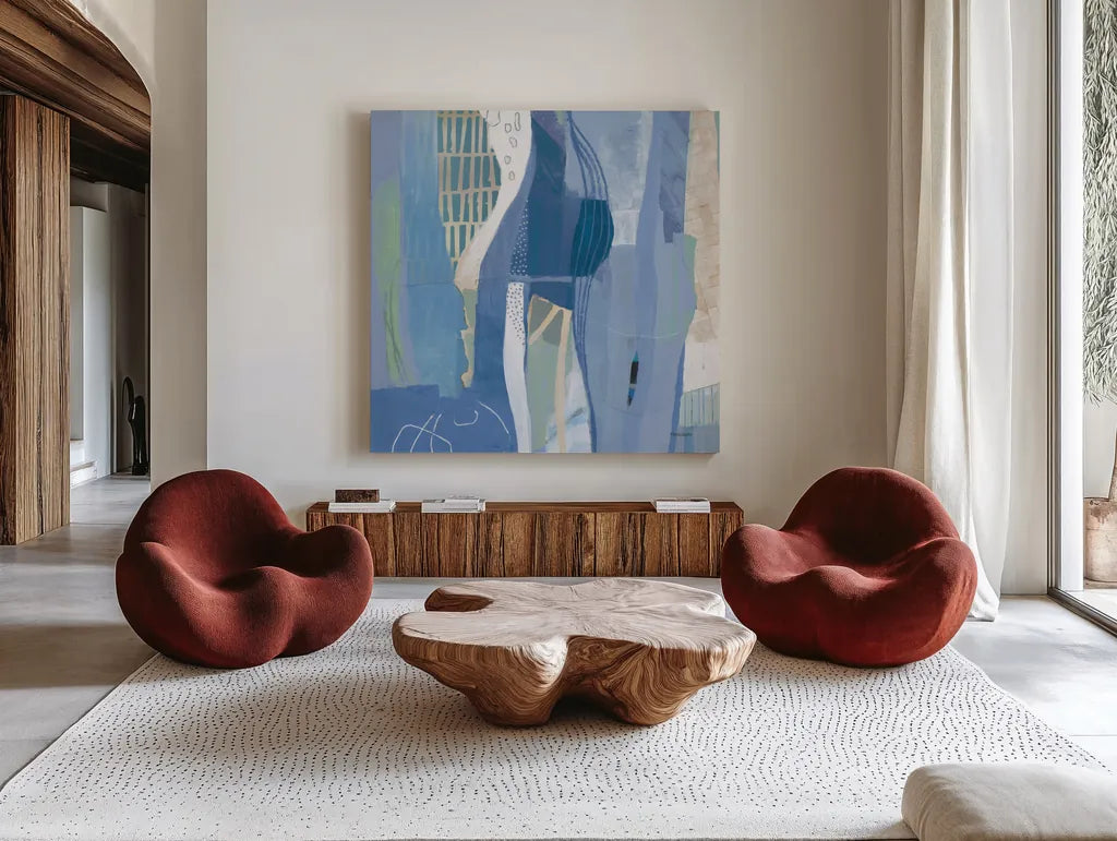Abstract Layers I Blue by Kathy Ferguson. Shown as extra-large giant wall art in a modern living room. Available as an archival giclee rolled canvas, fine art paper, or poster print. SKU 72692a.