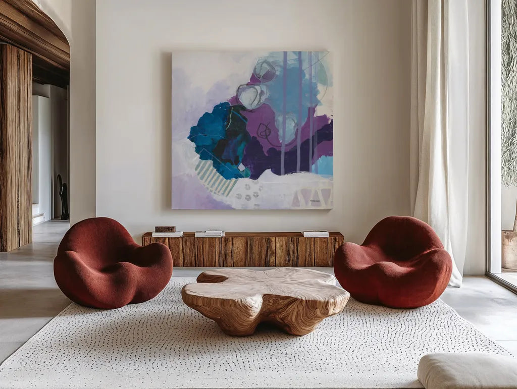 Amethyst by Kathy Ferguson. Shown as extra-large giant wall art in a modern living room. Available as an archival giclee rolled canvas, fine art paper, or poster print. SKU 72100a.