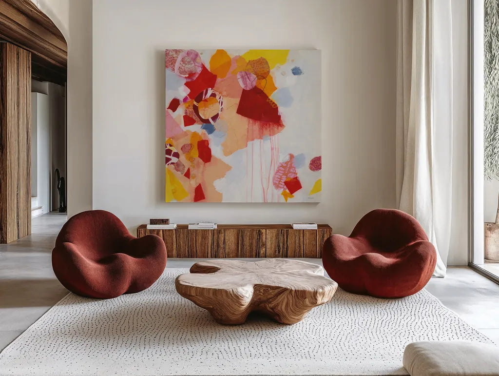 Falling Apart by Kathy Ferguson. Shown as extra-large giant wall art in a modern living room. Available as an archival giclee rolled canvas, fine art paper, or poster print. SKU 55759a.