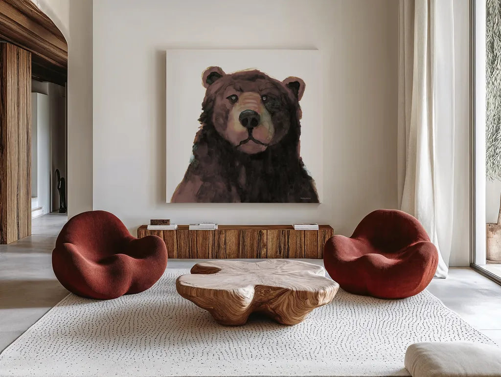 Friendly Bear Brown by Kathy Ferguson. Shown as extra-large giant wall art in a modern living room. Available as an archival giclee rolled canvas, fine art paper, or poster print. SKU 86925a.