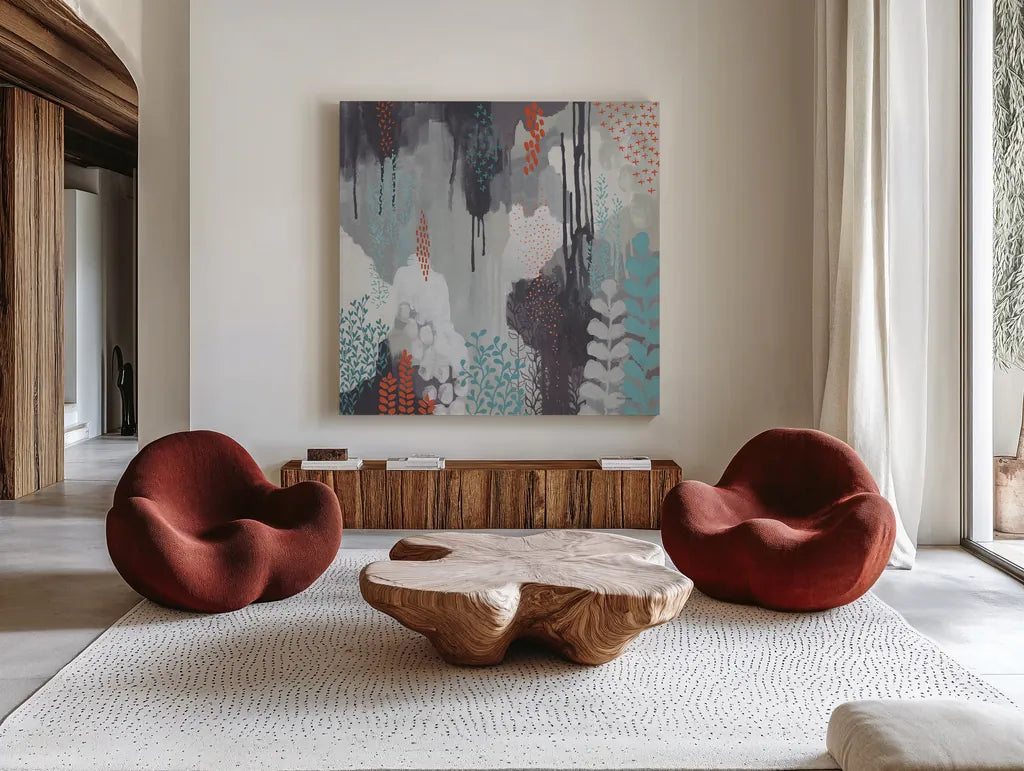 Gray Forest I by Kathy Ferguson. Shown as extra-large giant wall art in a modern living room. Available as an archival giclee rolled canvas, fine art paper, or poster print. SKU 53109a.