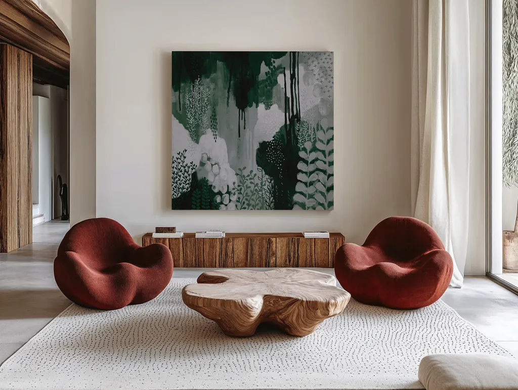 Green Forest I by Kathy Ferguson. Shown as extra-large giant wall art in a modern living room. Available as an archival giclee rolled canvas, fine art paper, or poster print. SKU 51408a.