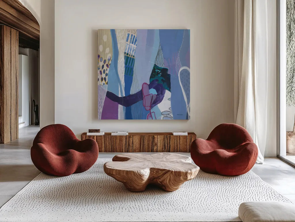 Periwinkle by Kathy Ferguson. Shown as extra-large giant wall art in a modern living room. Available as an archival giclee rolled canvas, fine art paper, or poster print. SKU 72101a.