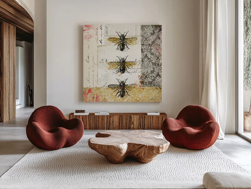 Bees n Butterflies No 1 by Katie Pertiet. Shown as extra-large giant wall art in a modern living room. Available as an archival giclee rolled canvas, fine art paper, or poster print. SKU 52909a.