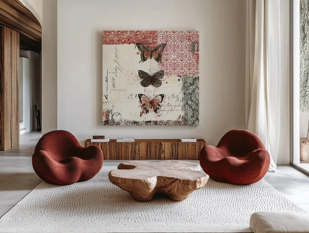 Bees n Butterflies No 2 Red by Katie Pertiet. Shown as extra-large giant wall art in a modern living room. Available as an archival giclee rolled canvas, fine art paper, or poster print. SKU 52912a.