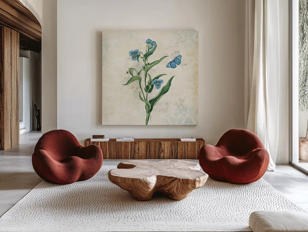 Booked Blue I by Katie Pertiet. Shown as extra-large giant wall art in a modern living room. Available as an archival giclee rolled canvas, fine art paper, or poster print. SKU 16818a.