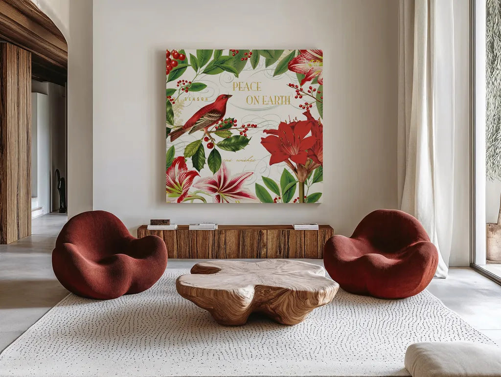 Christmas Garden II by Katie Pertiet. Shown as extra-large giant wall art in a modern living room. Available as an archival giclee rolled canvas, fine art paper, or poster print. SKU 42574a.