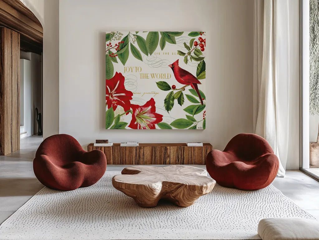 Christmas Garden III by Katie Pertiet. Shown as extra-large giant wall art in a modern living room. Available as an archival giclee rolled canvas, fine art paper, or poster print. SKU 42575a.