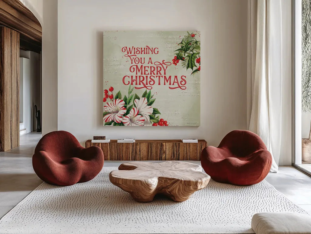 Christmas Lodge I by Katie Pertiet. Shown as extra-large giant wall art in a modern living room. Available as an archival giclee rolled canvas, fine art paper, or poster print. SKU 88870a.