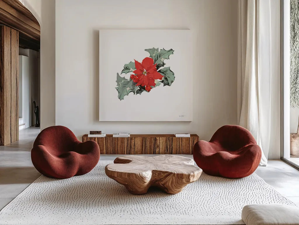 Farmhouse Christmas Floral I by Katie Pertiet. Shown as extra-large giant wall art in a modern living room. Available as an archival giclee rolled canvas, fine art paper, or poster print. SKU 64778a.