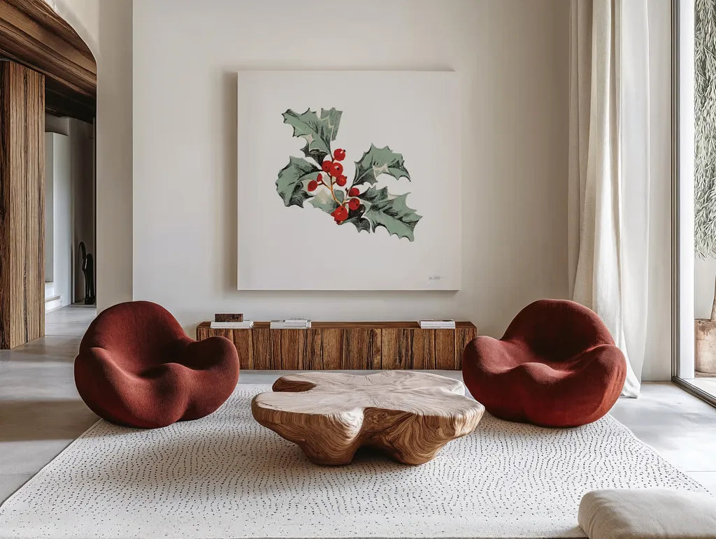 Farmhouse Christmas Floral II by Katie Pertiet. Shown as extra-large giant wall art in a modern living room. Available as an archival giclee rolled canvas, fine art paper, or poster print. SKU 64779a.