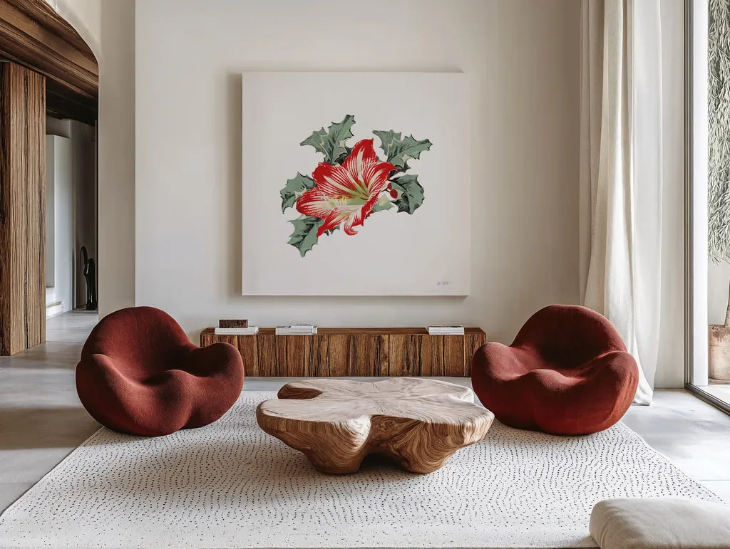 Farmhouse Christmas Floral III by Katie Pertiet. Shown as extra-large giant wall art in a modern living room. Available as an archival giclee rolled canvas, fine art paper, or poster print. SKU 64780a.