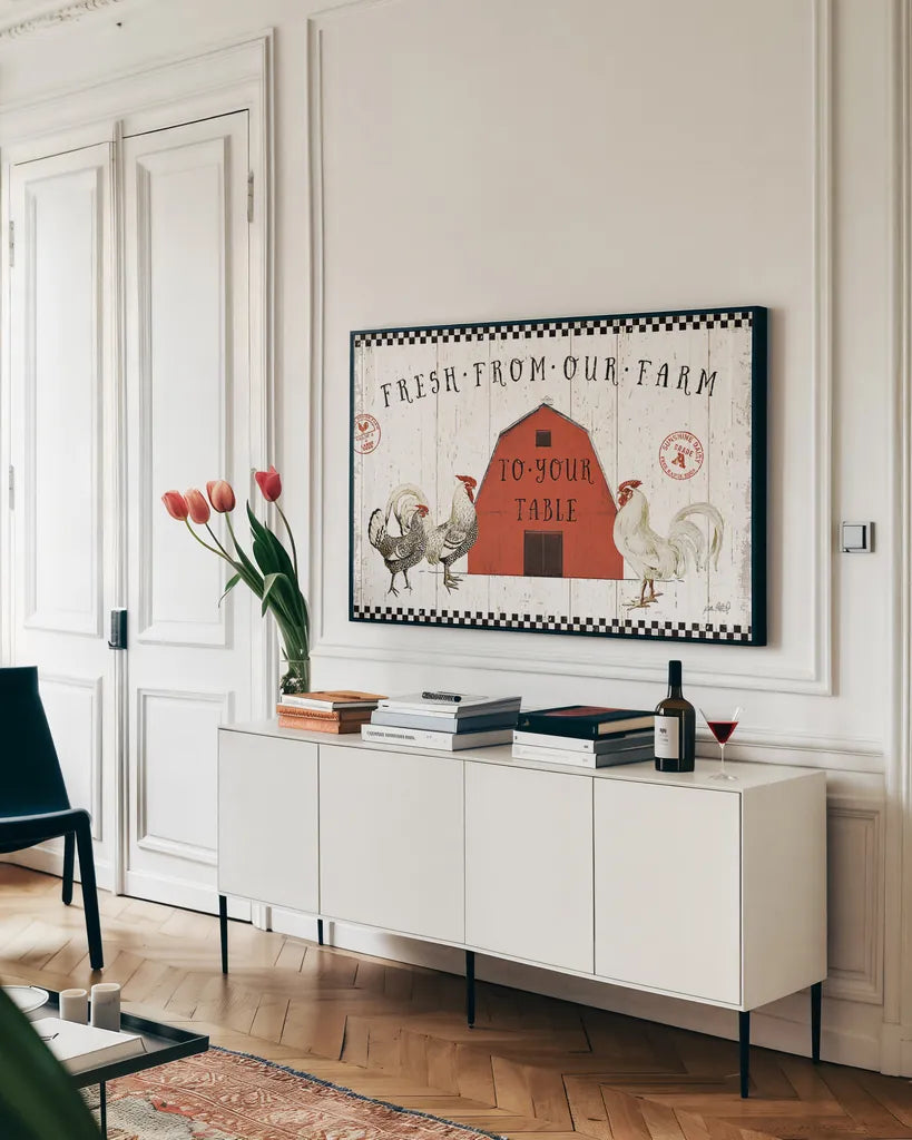 Free Range Fresh VI by Katie Pertiet. shown as a framed stretched canvas in a living room above a console. Available as a archival giclee rolled canvas, fine art paper, or poster print. SKU 49142i.