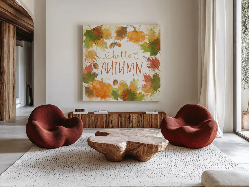 Harvest Splash I by Katie Pertiet. Shown as extra-large giant wall art in a modern living room. Available as an archival giclee rolled canvas, fine art paper, or poster print. SKU 35214a.