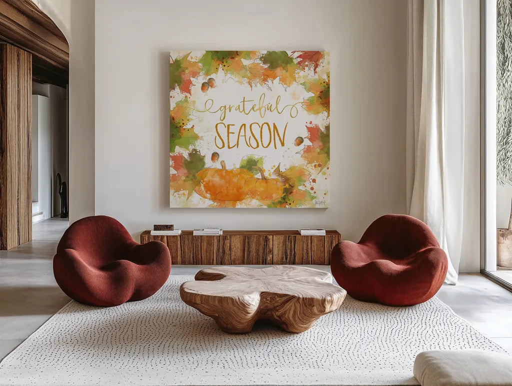 Harvest Splash II by Katie Pertiet. Shown as extra-large giant wall art in a modern living room. Available as an archival giclee rolled canvas, fine art paper, or poster print. SKU 35215a.