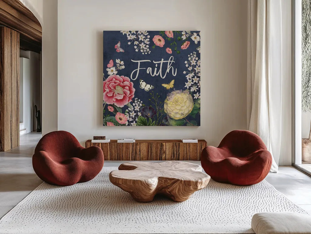 Indigo Garden IV by Katie Pertiet. Shown as extra-large giant wall art in a modern living room. Available as an archival giclee rolled canvas, fine art paper, or poster print. SKU 94952a.