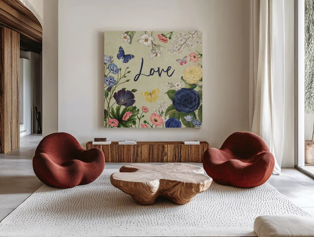 Indigo Garden V by Katie Pertiet. Shown as extra-large giant wall art in a modern living room. Available as an archival giclee rolled canvas, fine art paper, or poster print. SKU 94953a.
