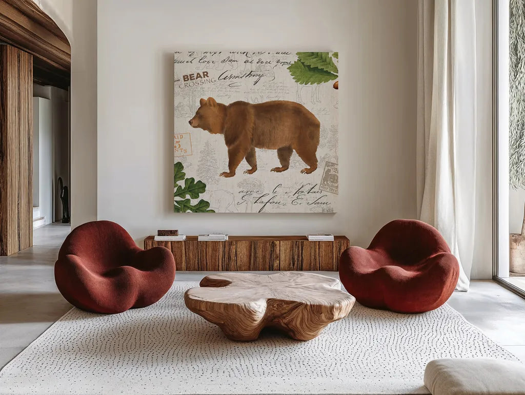 Lodge Collage VIII by Katie Pertiet. Shown as extra-large giant wall art in a modern living room. Available as an archival giclee rolled canvas, fine art paper, or poster print. SKU 24140a.