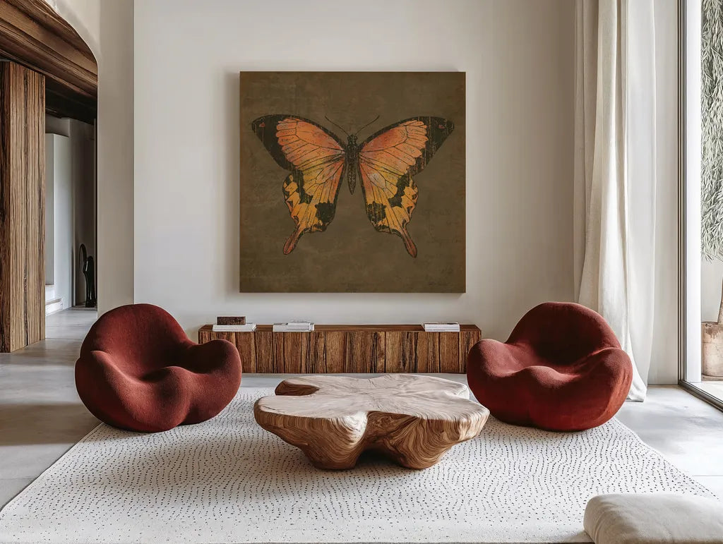 Mocha Butterfly by Katie Pertiet. Shown as extra-large giant wall art in a modern living room. Available as an archival giclee rolled canvas, fine art paper, or poster print. SKU 5956a.