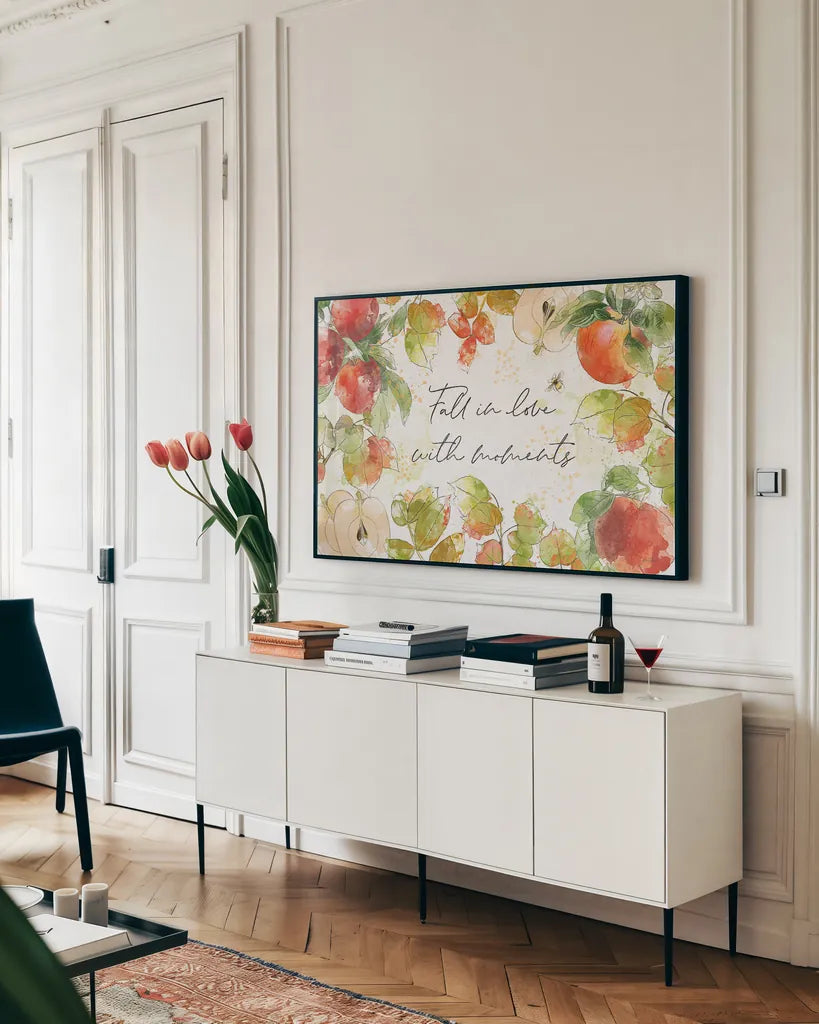 Orchard Harvest I by Katie Pertiet. shown as a framed stretched canvas in a living room above a console. Available as a archival giclee rolled canvas, fine art paper, or poster print. SKU 49942i.