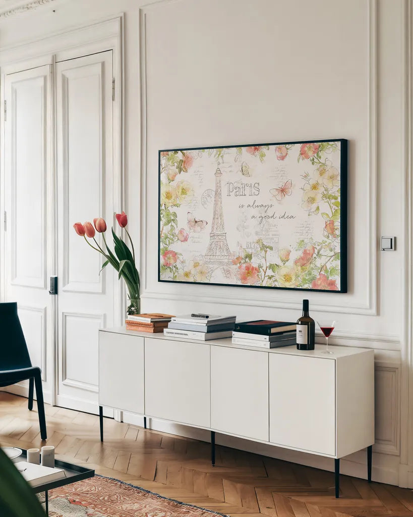 Painting Paris I by Katie Pertiet. shown as a framed stretched canvas in a living room above a console. Available as a archival giclee rolled canvas, fine art paper, or poster print. SKU 45615i.