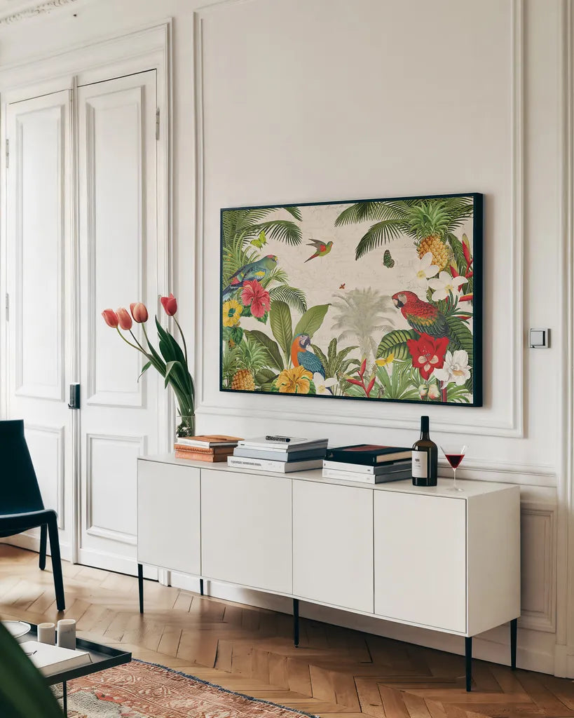 Parrot Paradise I by Katie Pertiet. shown as a framed stretched canvas in a living room above a console. Available as a archival giclee rolled canvas, fine art paper, or poster print. SKU 42060i.