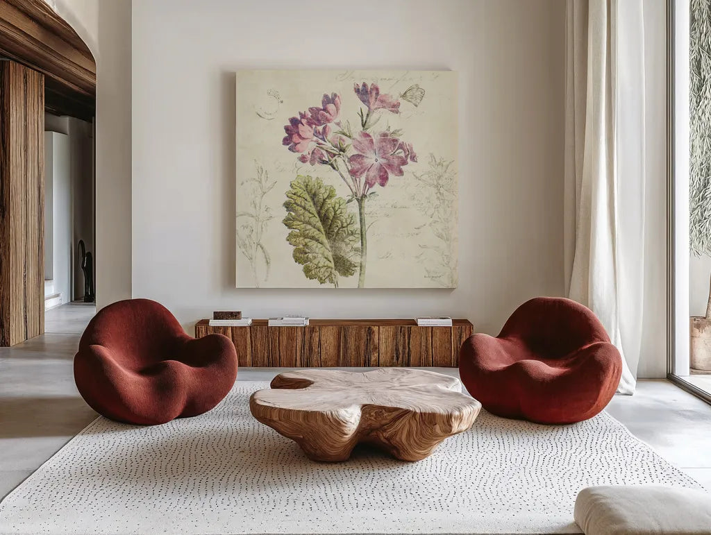 Primrose Square by Katie Pertiet. Shown as extra-large giant wall art in a modern living room. Available as an archival giclee rolled canvas, fine art paper, or poster print. SKU 5985a.