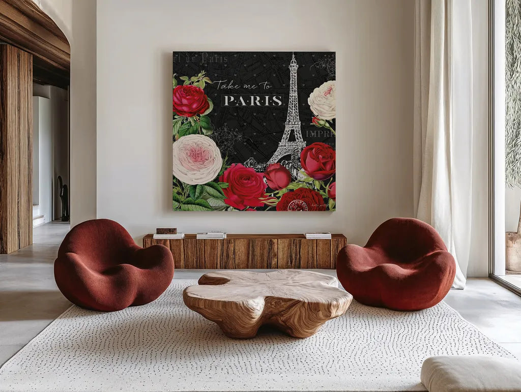 Rouge Paris III Black by Katie Pertiet. Shown as extra-large giant wall art in a modern living room. Available as an archival giclee rolled canvas, fine art paper, or poster print. SKU 43779a.
