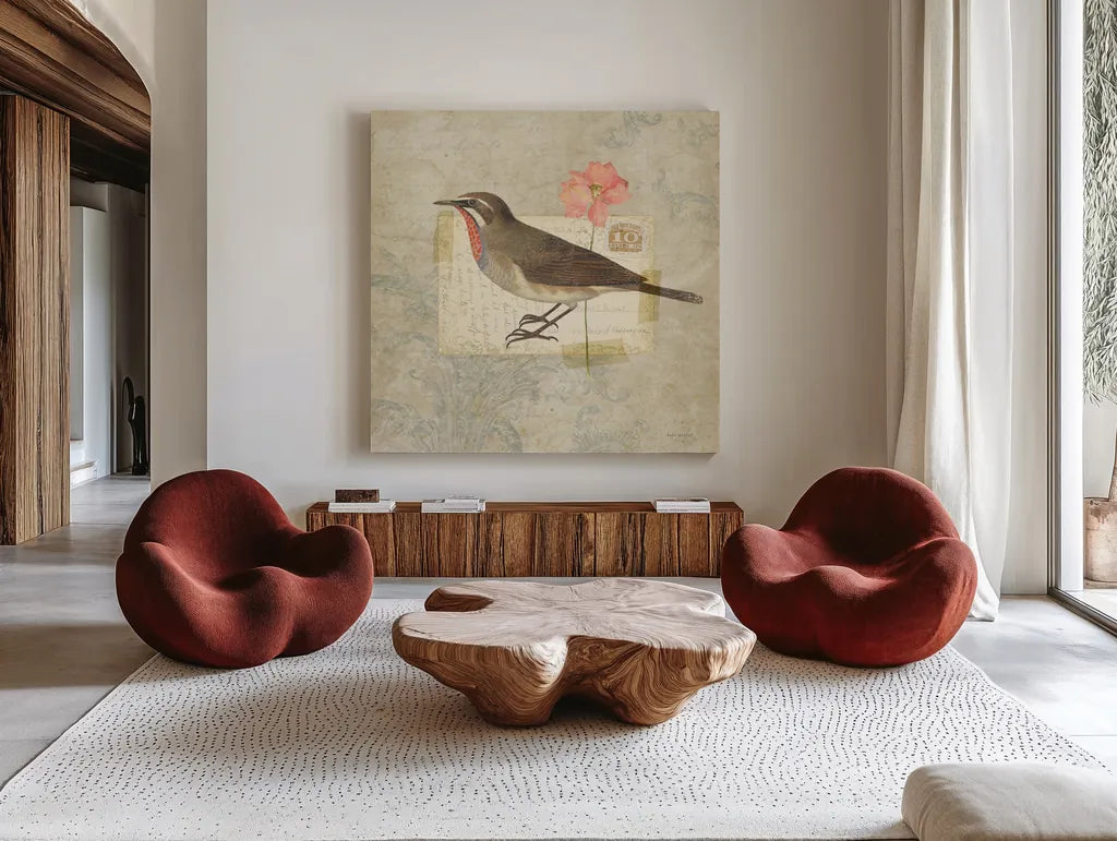 Traveler Bird II by Katie Pertiet. Shown as extra-large giant wall art in a modern living room. Available as an archival giclee rolled canvas, fine art paper, or poster print. SKU 5973a.