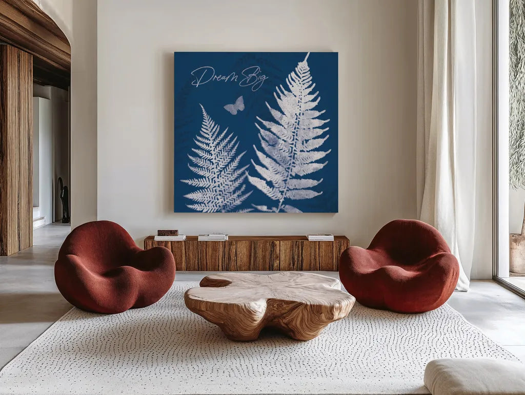 True Blue VI by Katie Pertiet. Shown as extra-large giant wall art in a modern living room. Available as an archival giclee rolled canvas, fine art paper, or poster print. SKU 62866a.