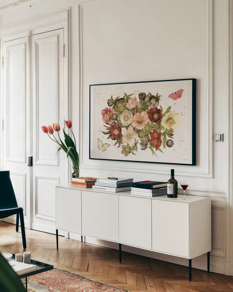 Vintage Petals IV by Katie Pertiet. shown as a framed stretched canvas in a living room above a console. Available as a archival giclee rolled canvas, fine art paper, or poster print. SKU 53937i.