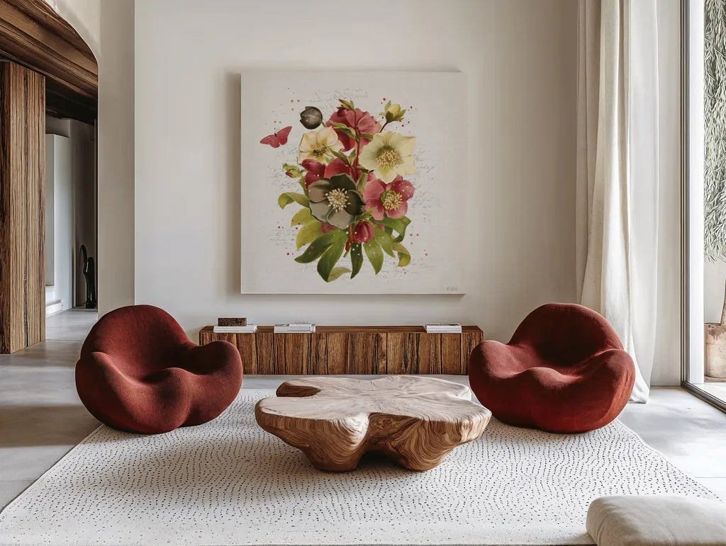 Vintage Petals VII by Katie Pertiet. Shown as extra-large giant wall art in a modern living room. Available as an archival giclee rolled canvas, fine art paper, or poster print. SKU 76253a.