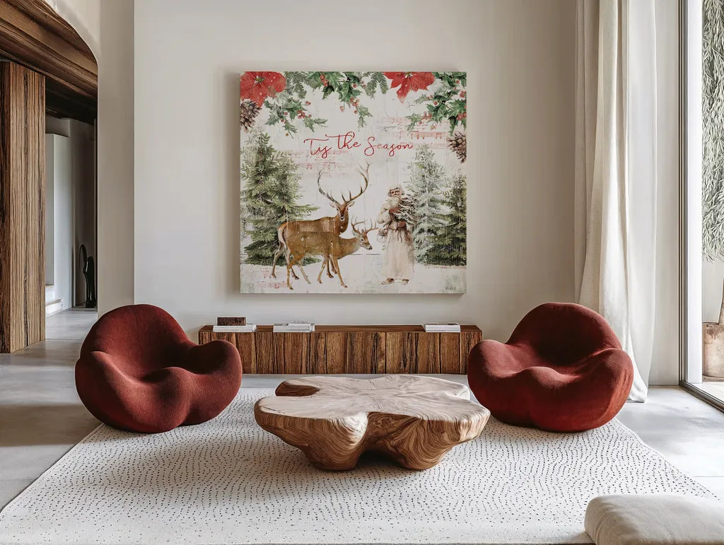 Wooded Holiday II by Katie Pertiet. Shown as extra-large giant wall art in a modern living room. Available as an archival giclee rolled canvas, fine art paper, or poster print. SKU 52256a.