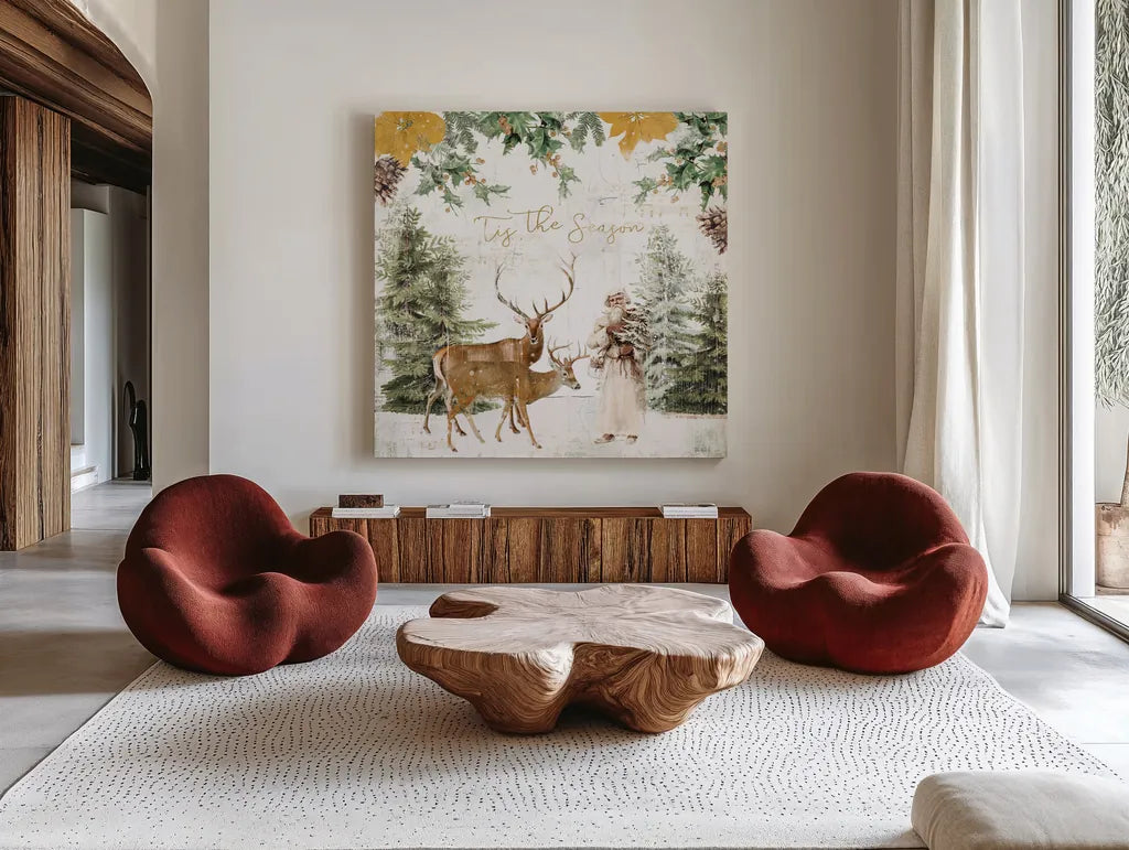 Wooded Holiday II Gold by Katie Pertiet. Shown as extra-large giant wall art in a modern living room. Available as an archival giclee rolled canvas, fine art paper, or poster print. SKU 57734a.