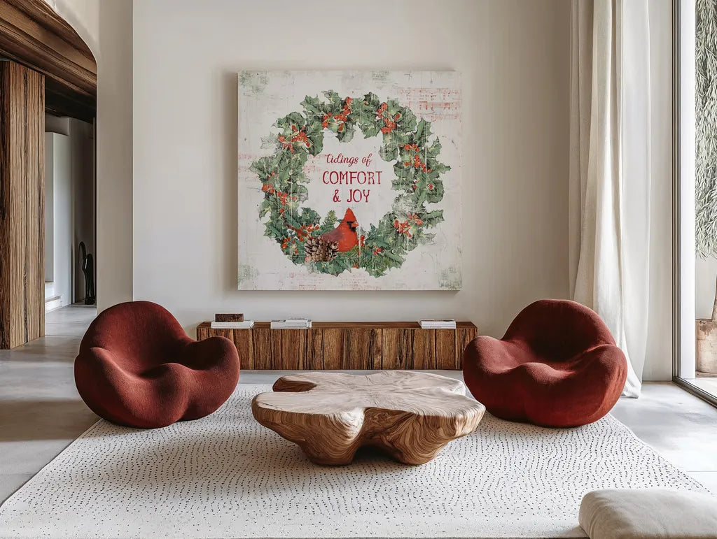 Wooded Holiday IV by Katie Pertiet. Shown as extra-large giant wall art in a modern living room. Available as an archival giclee rolled canvas, fine art paper, or poster print. SKU 52258a.