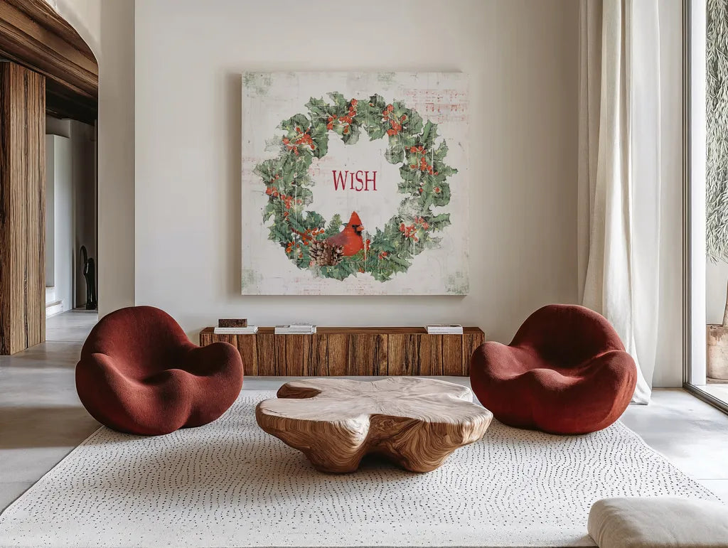 Wooded Holiday IV Wish by Katie Pertiet. Shown as extra-large giant wall art in a modern living room. Available as an archival giclee rolled canvas, fine art paper, or poster print. SKU 59014a.
