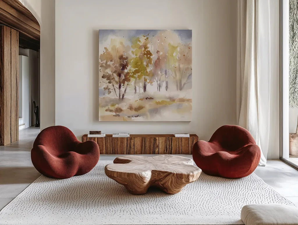 Autumn Grove by Katrina Pete. Shown as extra-large giant wall art in a modern living room. Available as an archival giclee rolled canvas, fine art paper, or poster print. SKU 82651a.