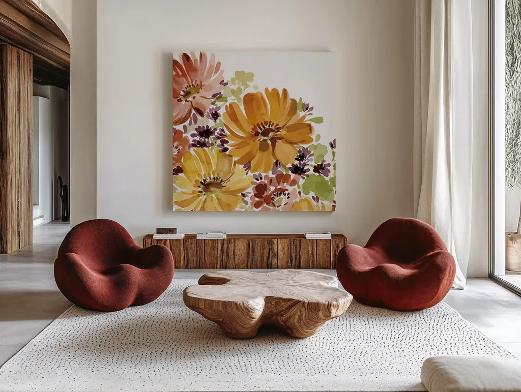Autumn Joy IV by Katrina Pete. Shown as extra-large giant wall art in a modern living room. Available as an archival giclee rolled canvas, fine art paper, or poster print. SKU 91184a.