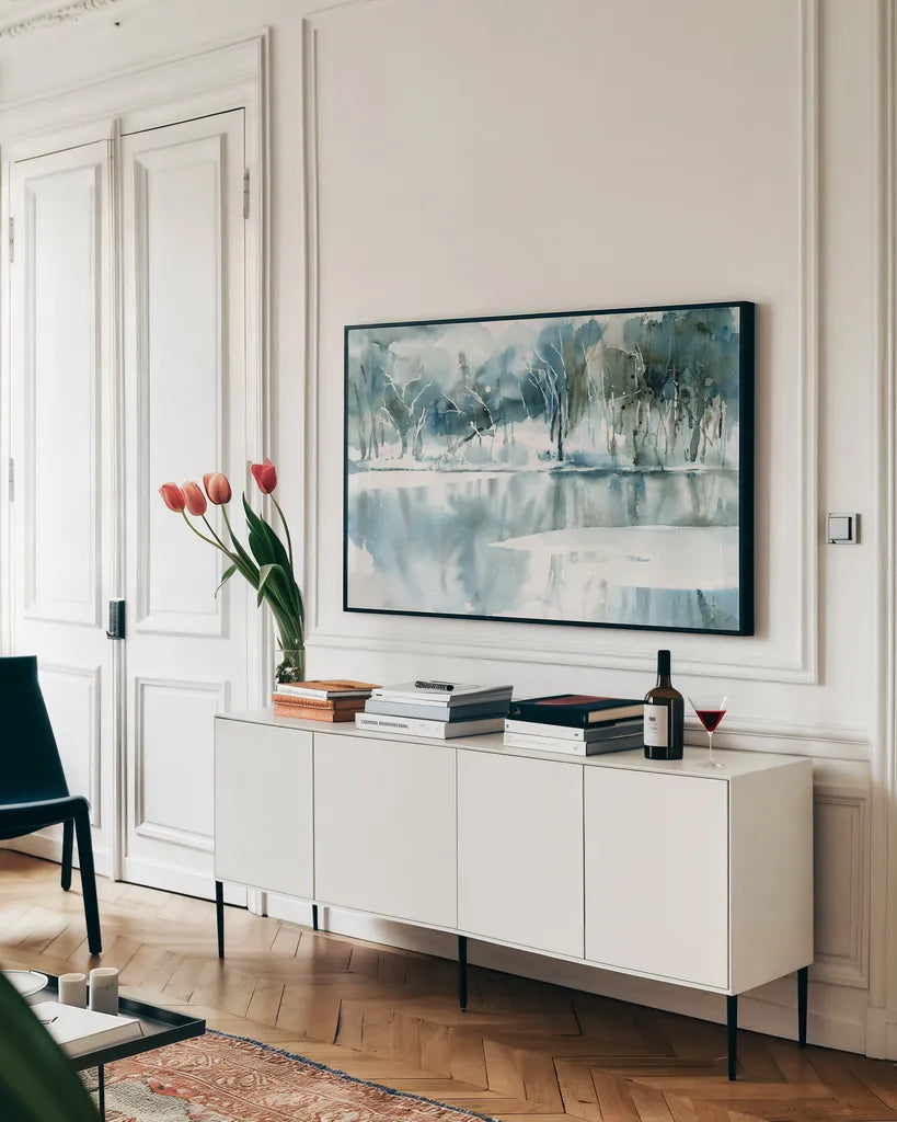 Blue Reflections by Katrina Pete. shown as a framed stretched canvas in a living room above a console. Available as a archival giclee rolled canvas, fine art paper, or poster print. SKU 67439i.