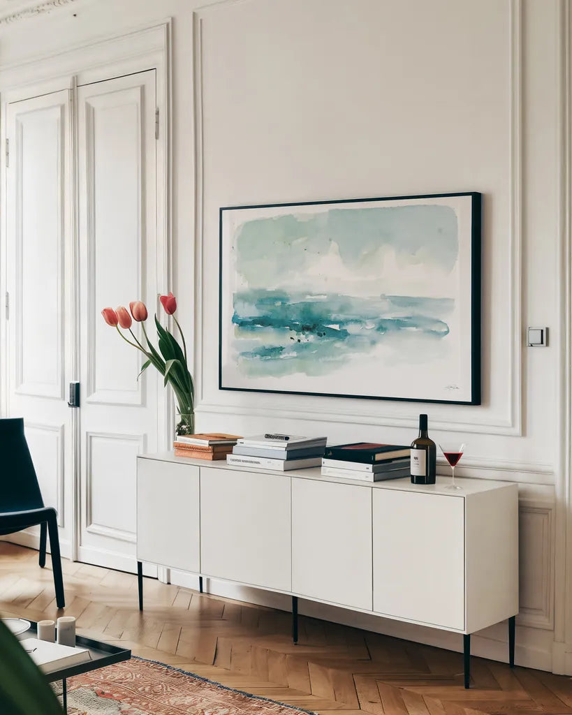 Breezy Blues I by Katrina Pete. shown as a framed stretched canvas in a living room above a console. Available as a archival giclee rolled canvas, fine art paper, or poster print. SKU 75893i.